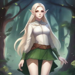 A fantasy illustration of an elf with exaggerated features, wearing a miniskirt and no school uniform