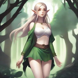 A fantasy illustration of an elf with exaggerated features, wearing a miniskirt and no school uniform