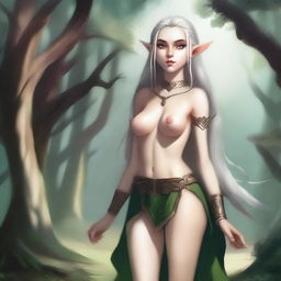 A fantasy illustration of an elf with exaggerated features, wearing a miniskirt and no top