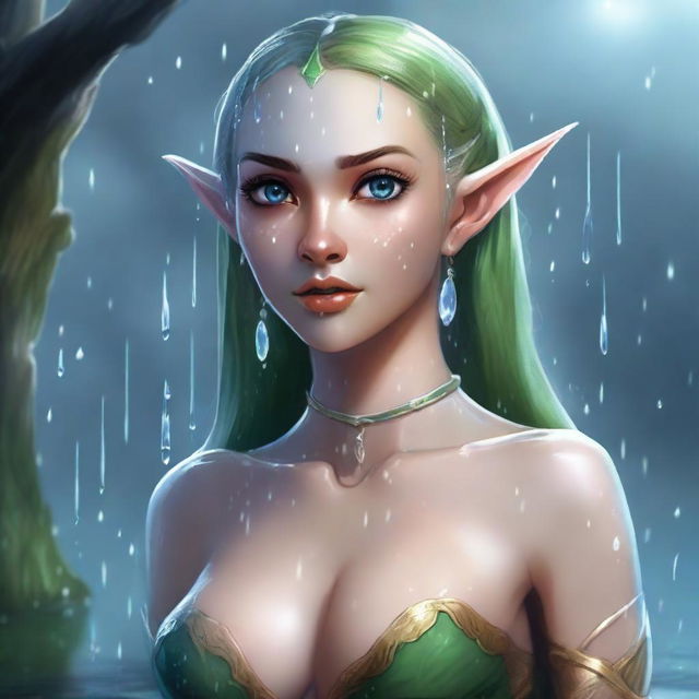 A fantasy illustration of an elf with exaggerated features, wearing a miniskirt and no top