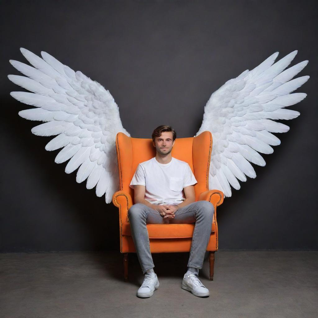 3D illusion of a charming 25-year-old man with angel wings, dressed in a casual white shirt and sneakers, sitting on a wingback chair. Behind him, 'faizi world' illuminates the dark grey wall in bold, neon orange capital letters.