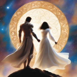 The cover depicts a white tan man and an Italian woman standing side by side, their silhouettes outlined against a backdrop of swirling cosmic energies