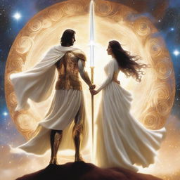 The cover depicts a white tan man and an Italian woman standing side by side, their silhouettes outlined against a backdrop of swirling cosmic energies