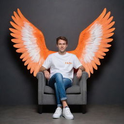 3D illusion of a charming 25-year-old man with angel wings, dressed in a casual white shirt and sneakers, sitting on a wingback chair. Behind him, 'faizi world' illuminates the dark grey wall in bold, neon orange capital letters.