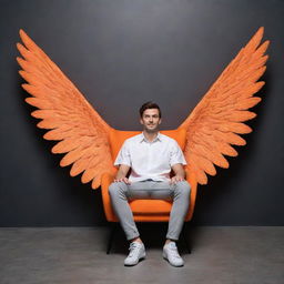 3D illusion of a charming 25-year-old man with angel wings, dressed in a casual white shirt and sneakers, sitting on a wingback chair. Behind him, 'faizi world' illuminates the dark grey wall in bold, neon orange capital letters.