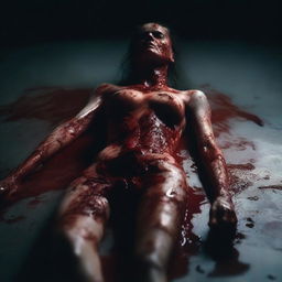 A bloody woman made from mismatched body parts, lying on a dark surface