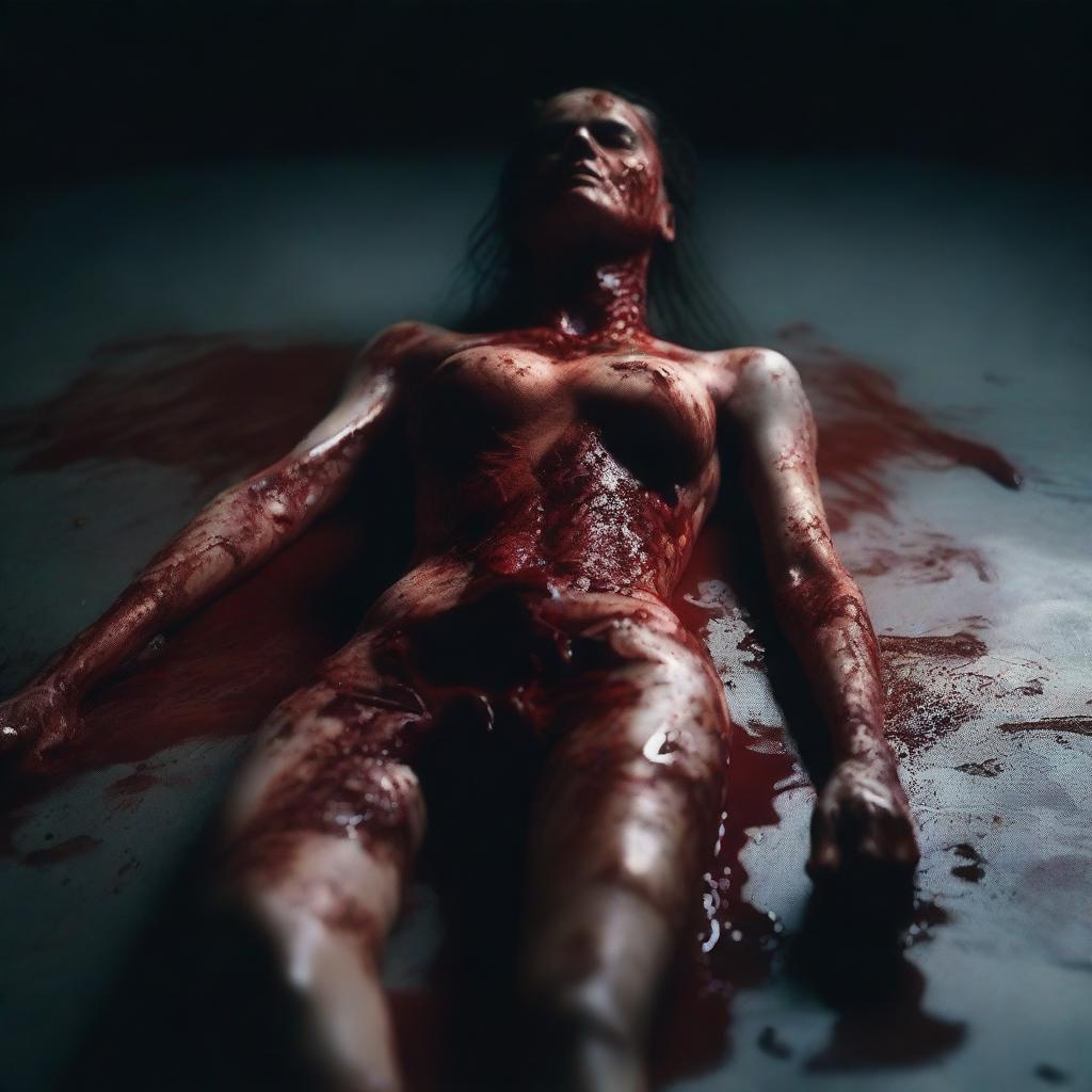 A bloody woman made from mismatched body parts, lying on a dark surface