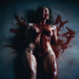 A bloody woman made from mismatched body parts, lying on a dark surface