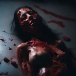 A bloody woman made from mismatched body parts, lying on a dark surface