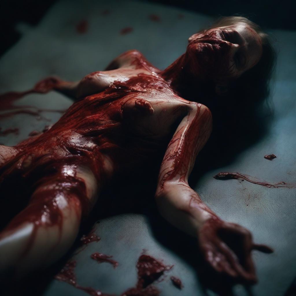 A bloody woman made from mismatched body parts, lying on a dark surface