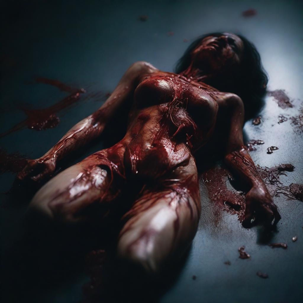 A bloody woman made from mismatched body parts, lying on a dark surface