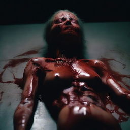 A bloody woman made from mismatched body parts, lying on a dark surface