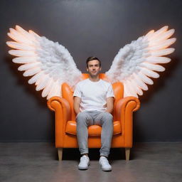 3D illusion of a charming 25-year-old man with angel wings, dressed in a casual white shirt and sneakers, sitting on a wingback chair. Behind him, 'faizi world' illuminates the dark grey wall in bold, neon orange capital letters.