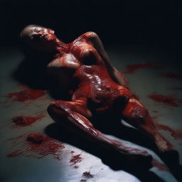 A bloody woman made from mismatched body parts, lying on a dark surface