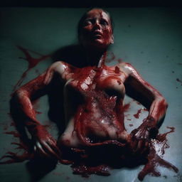 A bloody woman made from mismatched body parts, lying on a dark surface