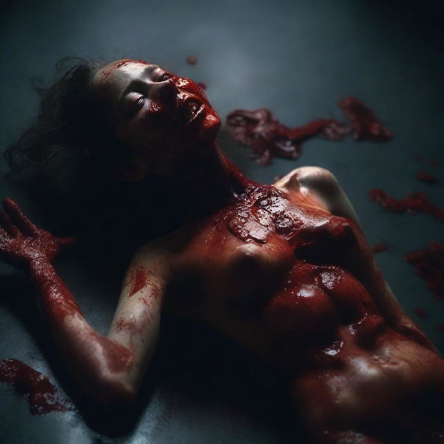 A bloody woman made from mismatched body parts, lying on a dark surface