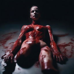 A bloody woman made from mismatched body parts, lying on a dark surface