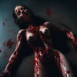 A bloody woman made from mismatched body parts, lying on a dark surface