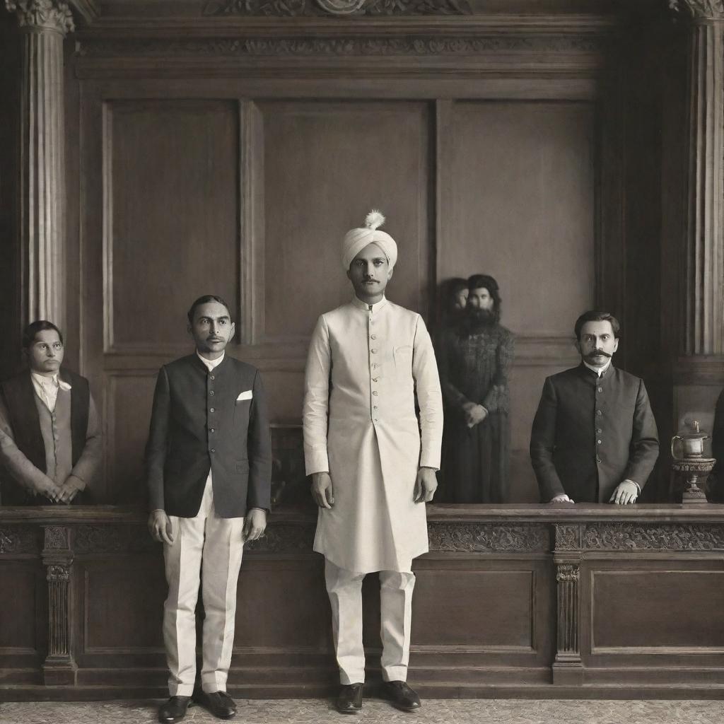 A detailed historical photo representing the peculiar origins of the Indian judiciary during the colonial era, showcasing British and Indian individuals in vintage courtroom attire with colonial architecture