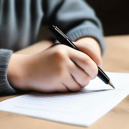 A detailed image of a child's hand holding a pen