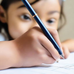 A detailed image of a child's hand holding a pen