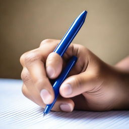 A detailed image of a child's hand holding a pen