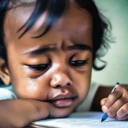 A detailed and emotional image of a child holding a pen while crying