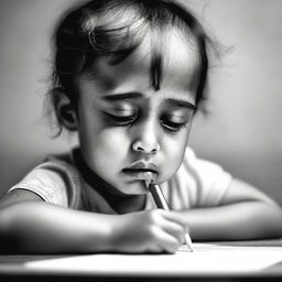 A detailed and emotional image of a child holding a pen while crying