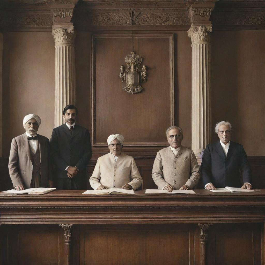 A detailed historical photo representing the peculiar origins of the Indian judiciary during the colonial era, showcasing British and Indian individuals in vintage courtroom attire with colonial architecture