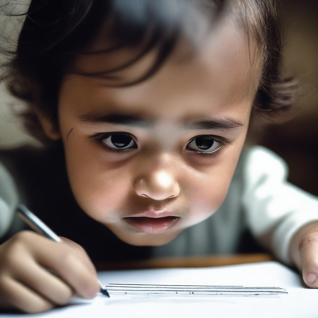 A detailed and emotional image of a child holding a pen while crying