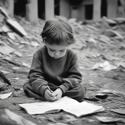 A poignant image of a sad child hiding in a war-torn environment, writing in a diary