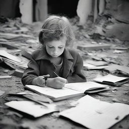 A poignant image of a sad child hiding in a war-torn environment, writing in a diary