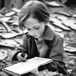 A poignant image of a sad child hiding in a war-torn environment, writing in a diary