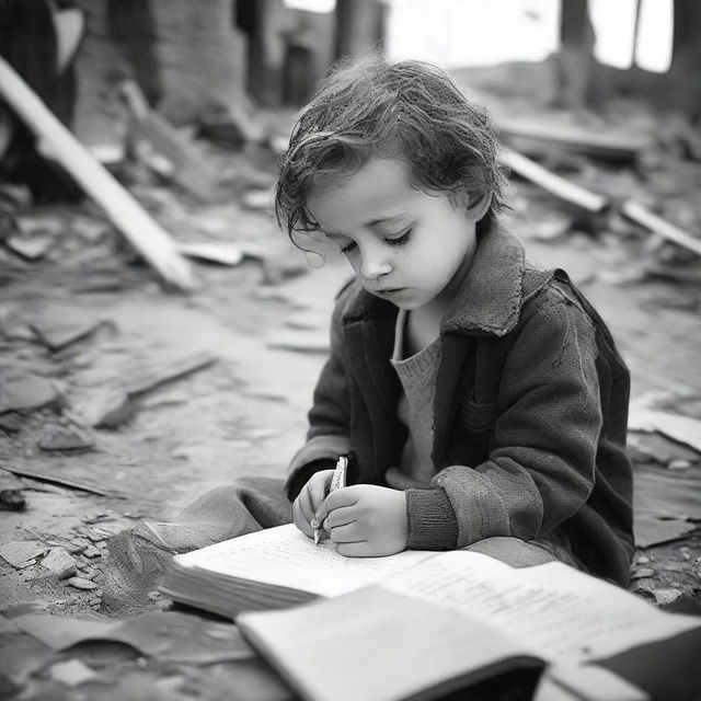 A poignant image of a sad child hiding in a war-torn environment, writing in a diary