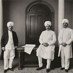 A detailed historical photo representing the peculiar origins of the Indian judiciary during the colonial era, showcasing British and Indian individuals in vintage courtroom attire with colonial architecture