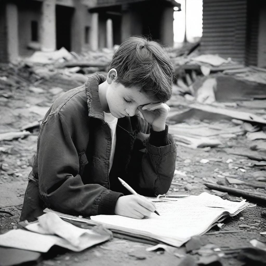 A poignant image of a sad teenager hiding in a war-torn environment, writing in a diary