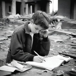 A poignant image of a sad teenager hiding in a war-torn environment, writing in a diary