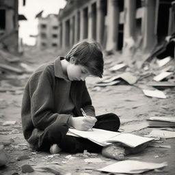 A poignant image of a sad teenager hiding in a war-torn environment, writing in a diary