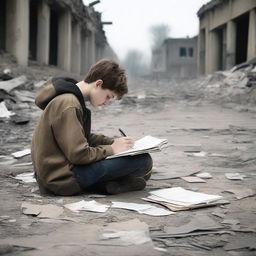 A poignant image of a sad teenager hiding in a war-torn environment, writing in a diary