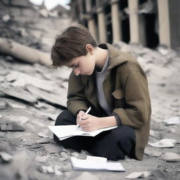 A poignant image of a sad teenager hiding in a war-torn environment, writing in a diary