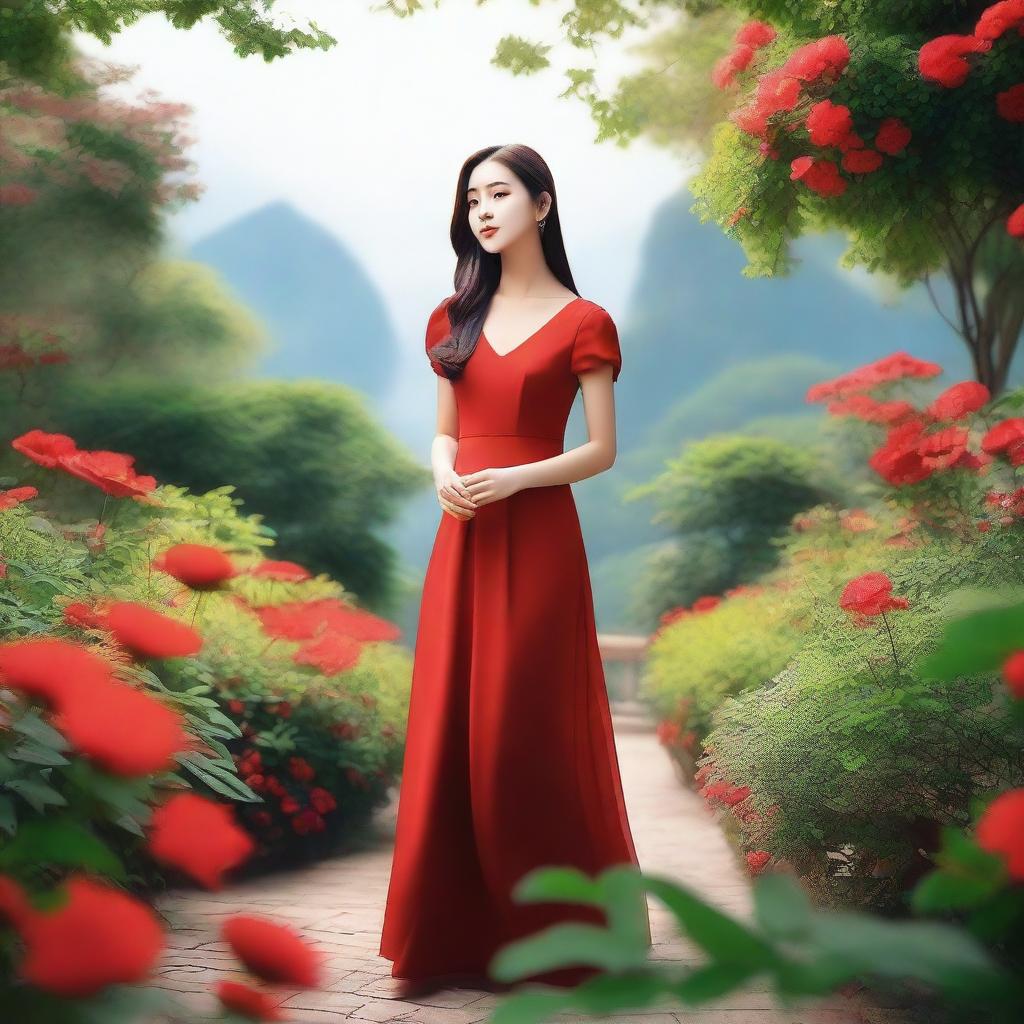 A beautiful girl wearing a red dress, standing in a serene environment