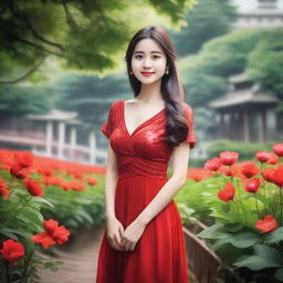 A beautiful girl wearing a red dress, standing in a serene environment