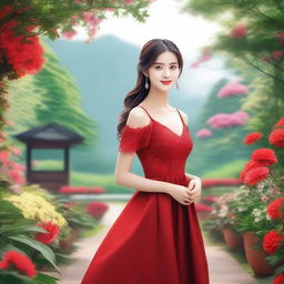 A beautiful girl wearing a red dress, standing in a serene environment