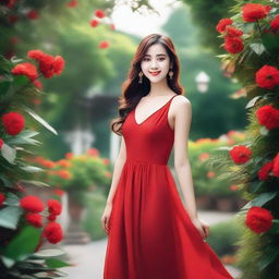 A beautiful girl wearing a red dress, standing in a serene environment