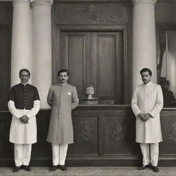 A detailed historical photo representing the peculiar origins of the Indian judiciary during the colonial era, showcasing British and Indian individuals in vintage courtroom attire with colonial architecture