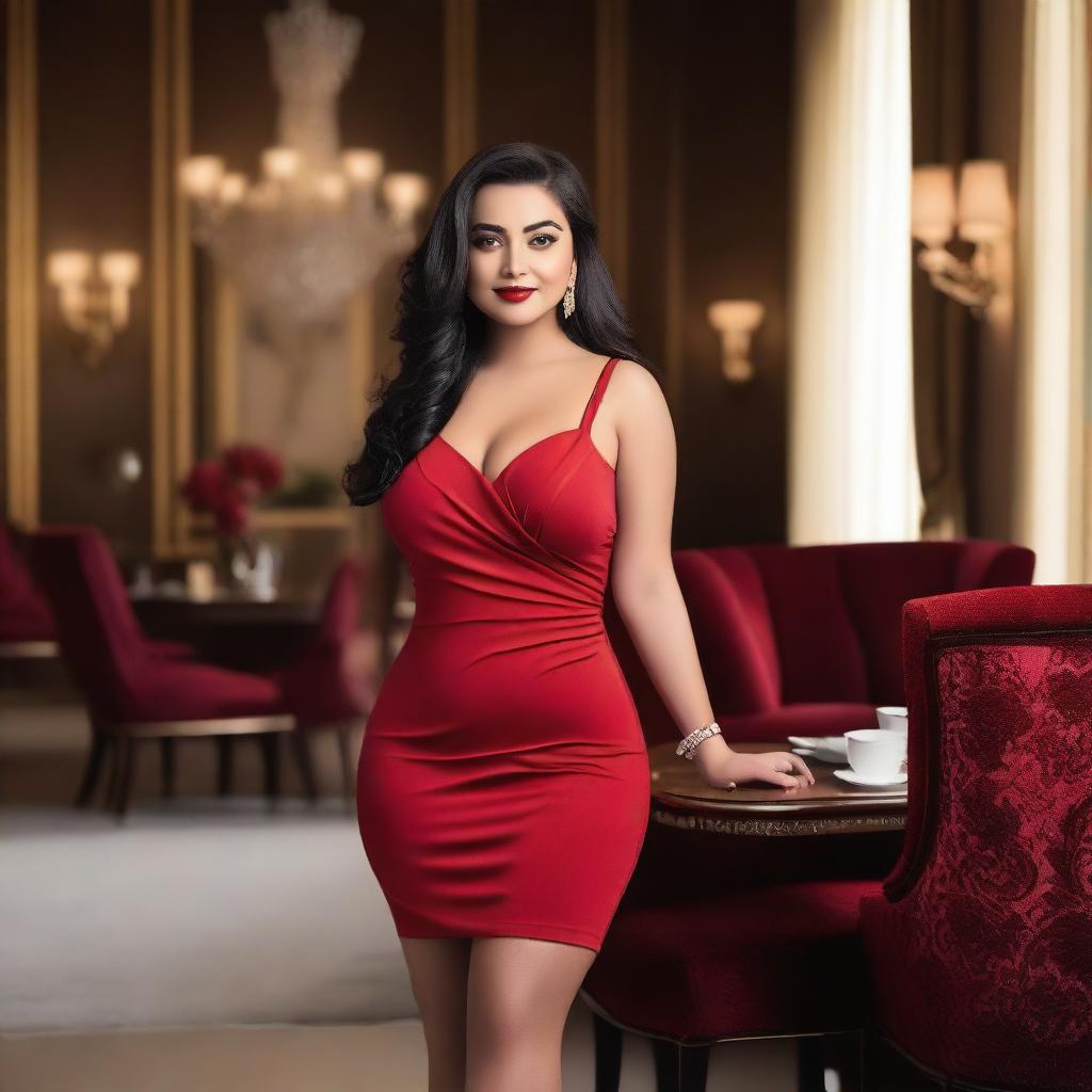 A beautiful and curvy girl wearing a short red dress, posing confidently in a stylish setting