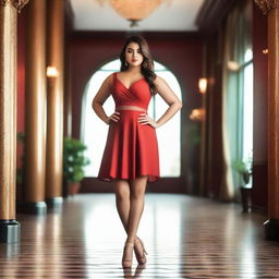 A beautiful and curvy girl wearing a short red dress, posing confidently in a stylish setting