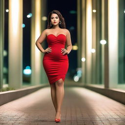 A beautiful and curvy girl wearing a short red dress, posing confidently in a stylish urban setting