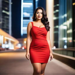 A beautiful and curvy girl wearing a short red dress, posing confidently in a stylish urban setting