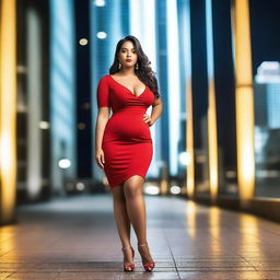 A beautiful and curvy girl wearing a short red dress, posing confidently in a stylish urban setting